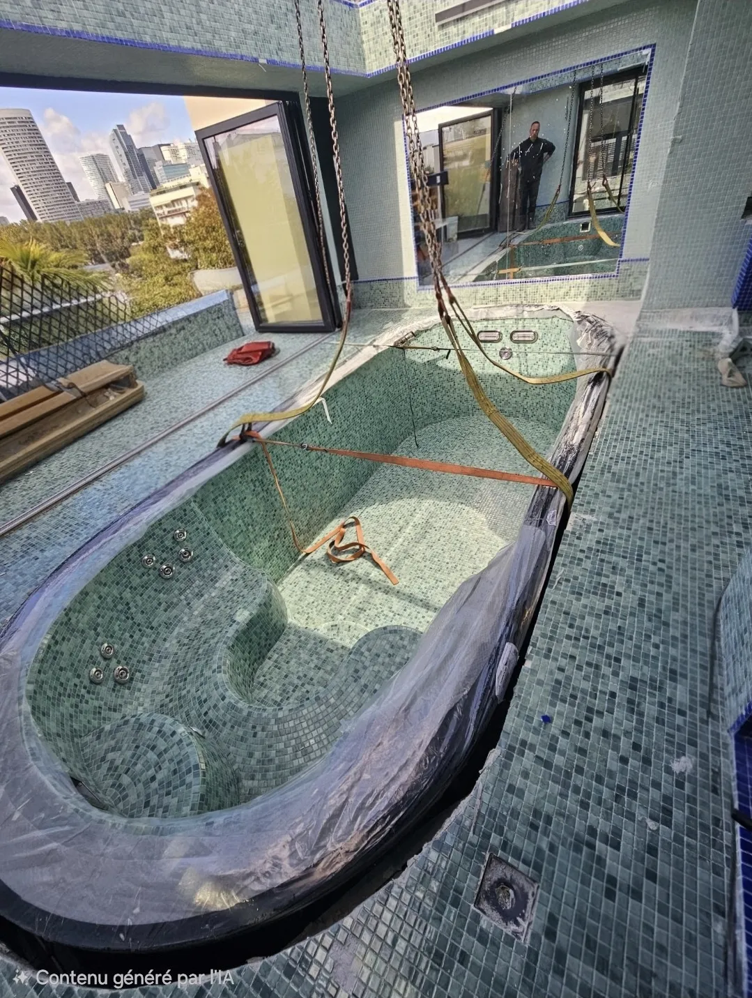 Manutention d'un spa par la toiture et redressement dans la pièce à Neuilly sur Seine